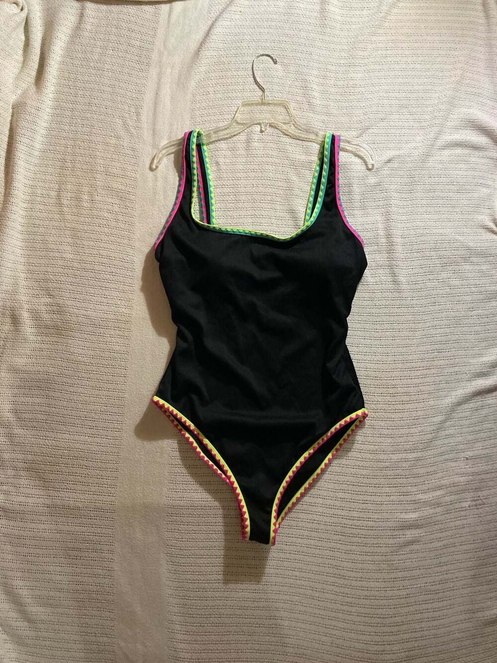 Popvil One Piece Swimsuit with Neon Contrast Binding, Black